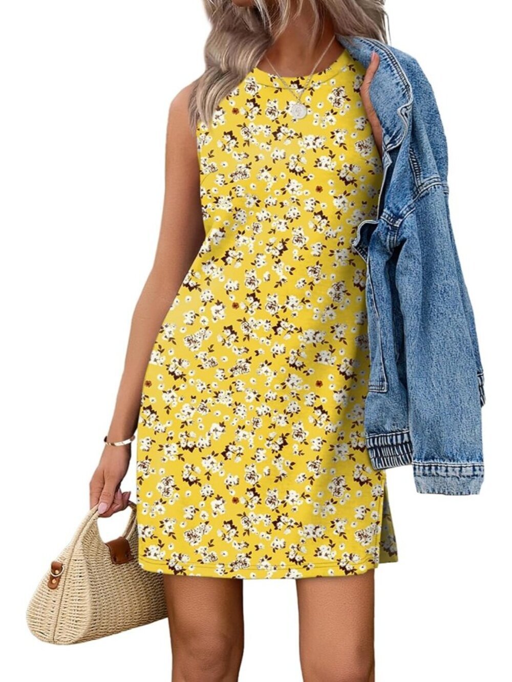 Women's Yellow White Print Summer Casual Dress Crewneck Sleeveless Tank Dresses